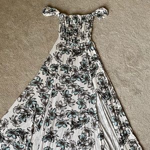 Clayton off the shoulder floral maxi, size Small. white, light blue and black